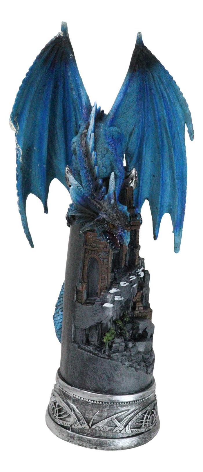 Ebros Gift Blue Elemental Ice Dragon Perching On Medieval Stonewall Castle Tower Figurine