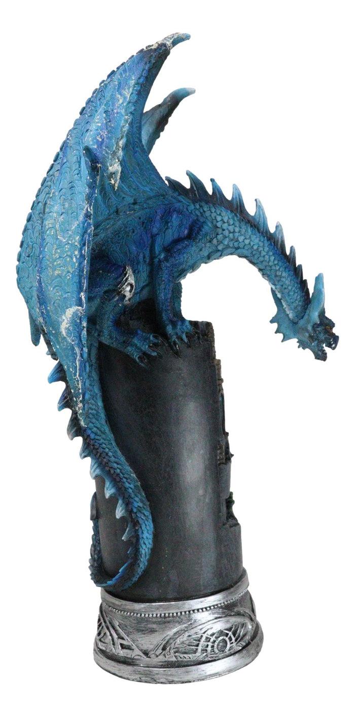 Ebros Gift Blue Elemental Ice Dragon Perching On Medieval Stonewall Castle Tower Figurine