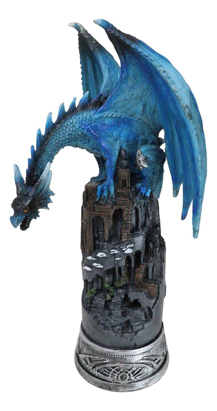 ebros gift Blue Elemental Ice Dragon Perching On Medieval Stonewall Castle Tower Figurine