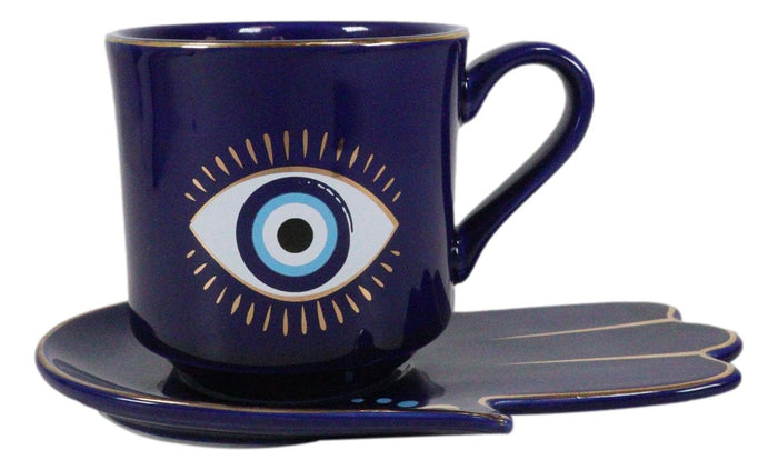 Ebros Gift Blue Evil Eye Of Providence Hamsa Palmistry Hand Palm Mug Cup With Saucer Set