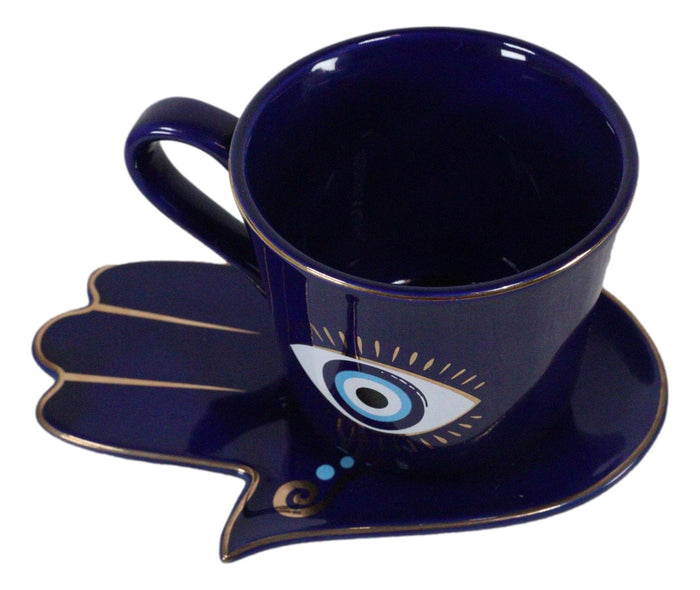 Ebros Gift Blue Evil Eye Of Providence Hamsa Palmistry Hand Palm Mug Cup With Saucer Set