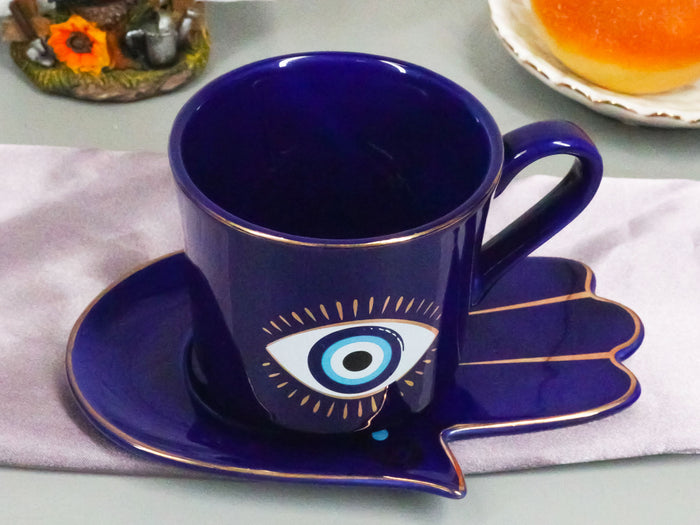 ebros gift Blue Evil Eye Of Providence Hamsa Palmistry Hand Palm Mug Cup With Saucer Set