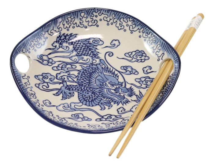 Ebros Gift Blue Feng Shui Dragon Small Appetizer Coupe Plate Flat Bowl With Chopsticks Set