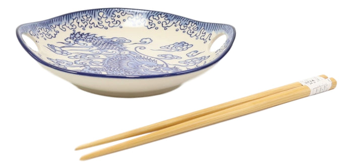 Ebros Gift Blue Feng Shui Dragon Small Appetizer Coupe Plate Flat Bowl With Chopsticks Set