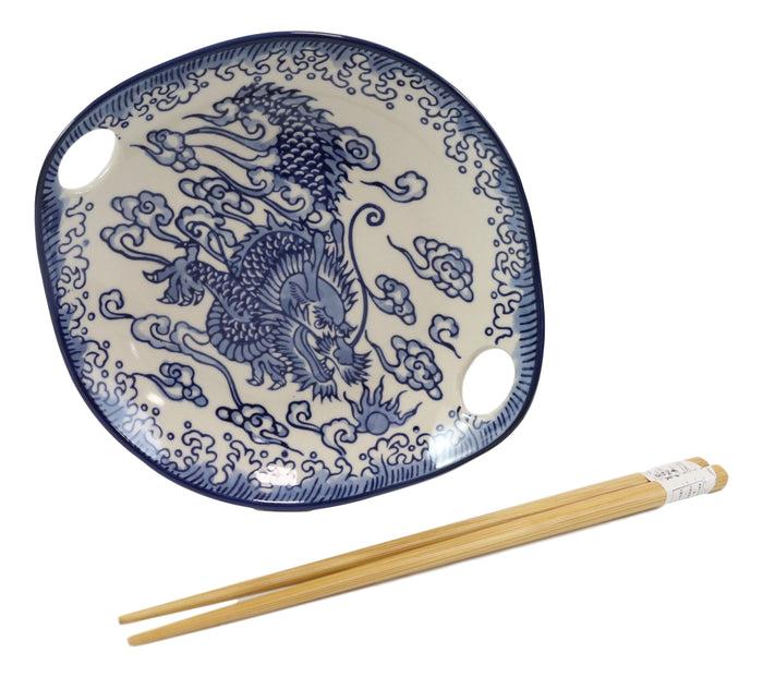 Ebros Gift Blue Feng Shui Dragon Small Appetizer Coupe Plate Flat Bowl With Chopsticks Set