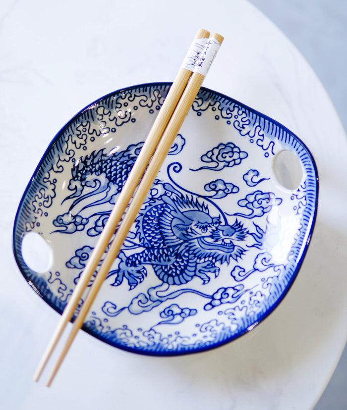 ebros gift Blue Feng Shui Dragon Small Appetizer Coupe Plate Flat Bowl With Chopsticks Set