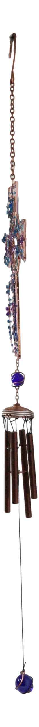Ebros Gift Blue Floral Aquamarine Cross With Gemstones Metal Scroll Filigree Wind Chime