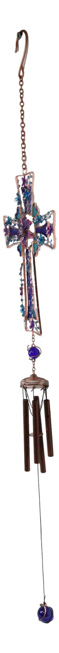 Ebros Gift Blue Floral Aquamarine Cross With Gemstones Metal Scroll Filigree Wind Chime