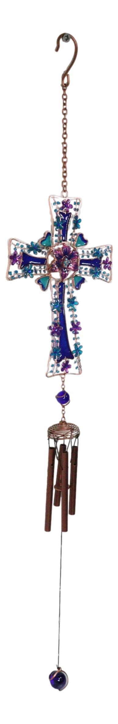 Ebros Gift Blue Floral Aquamarine Cross With Gemstones Metal Scroll Filigree Wind Chime
