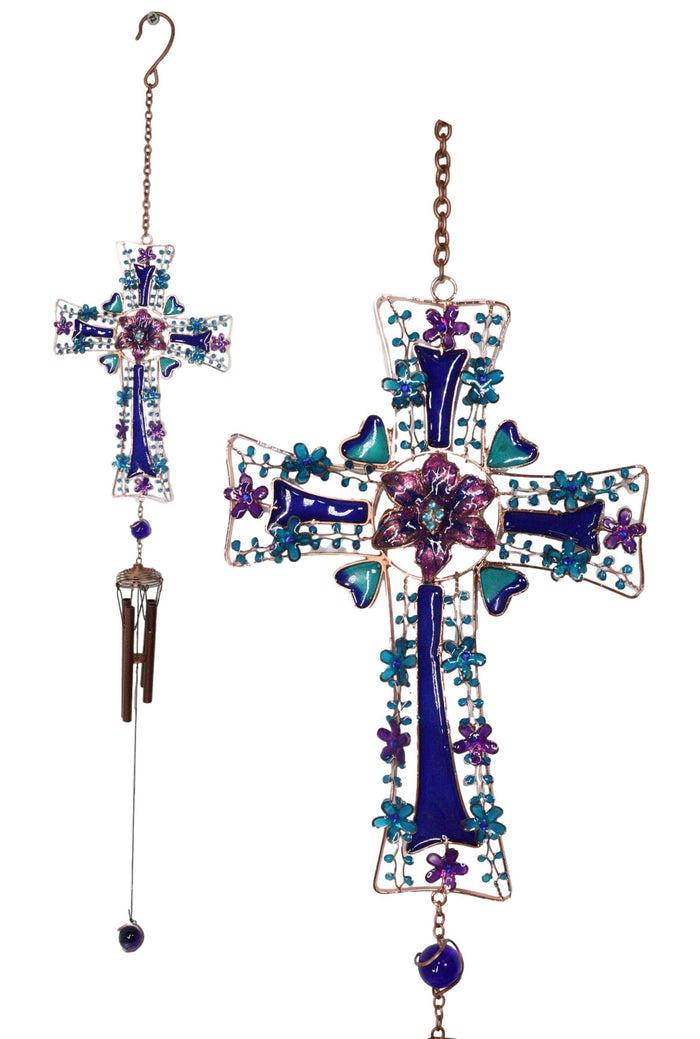 ebros gift Blue Floral Aquamarine Cross With Gemstones Metal Scroll Filigree Wind Chime