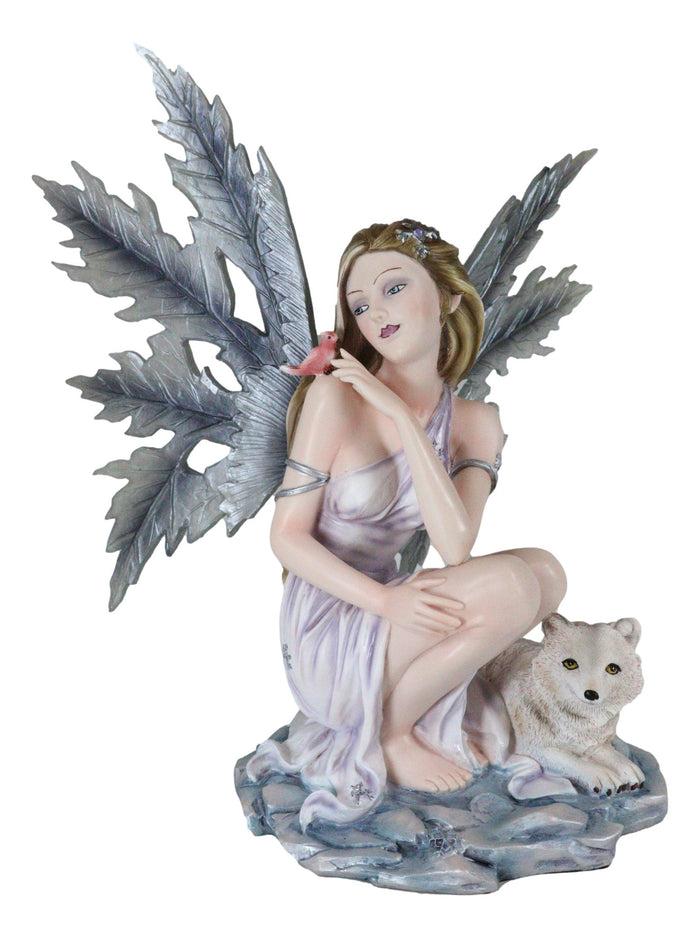 Ebros Gift Blue Frozen Ice Fairy With Frost Flake Wings Crouching By Snow Wolf Pup Figurine