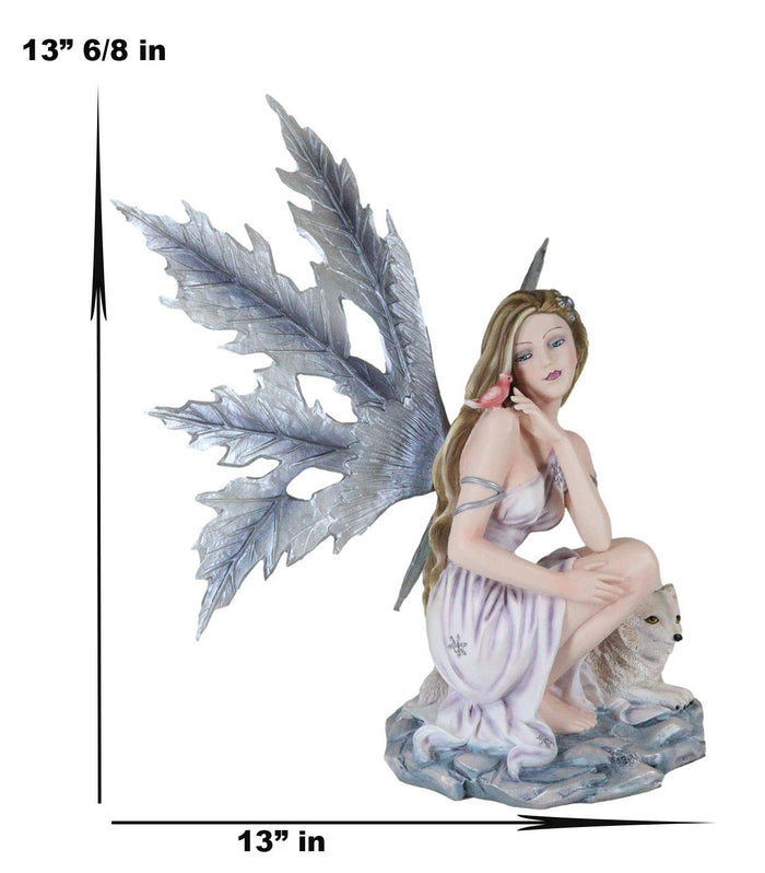 Ebros Gift Blue Frozen Ice Fairy With Frost Flake Wings Crouching By Snow Wolf Pup Figurine