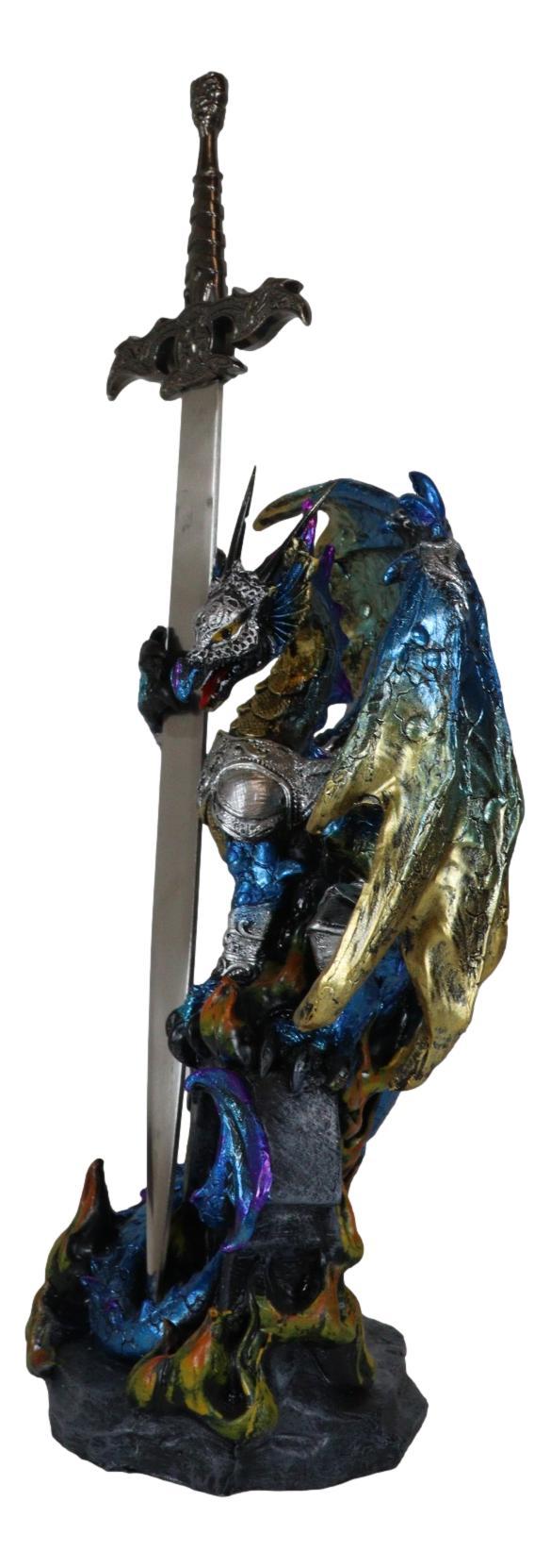 Ebros Gift Blue Gold Royal Knight Armored Dragon With Gothic Sword Letter Opener Figurine
