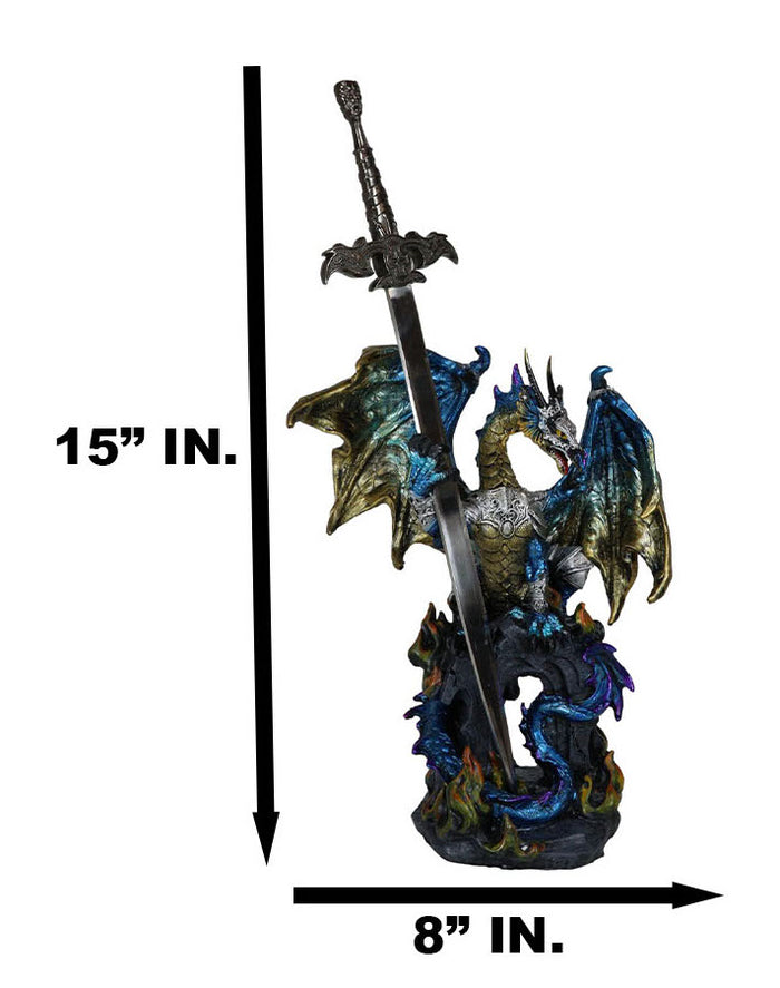 Ebros Gift Blue Gold Royal Knight Armored Dragon With Gothic Sword Letter Opener Figurine