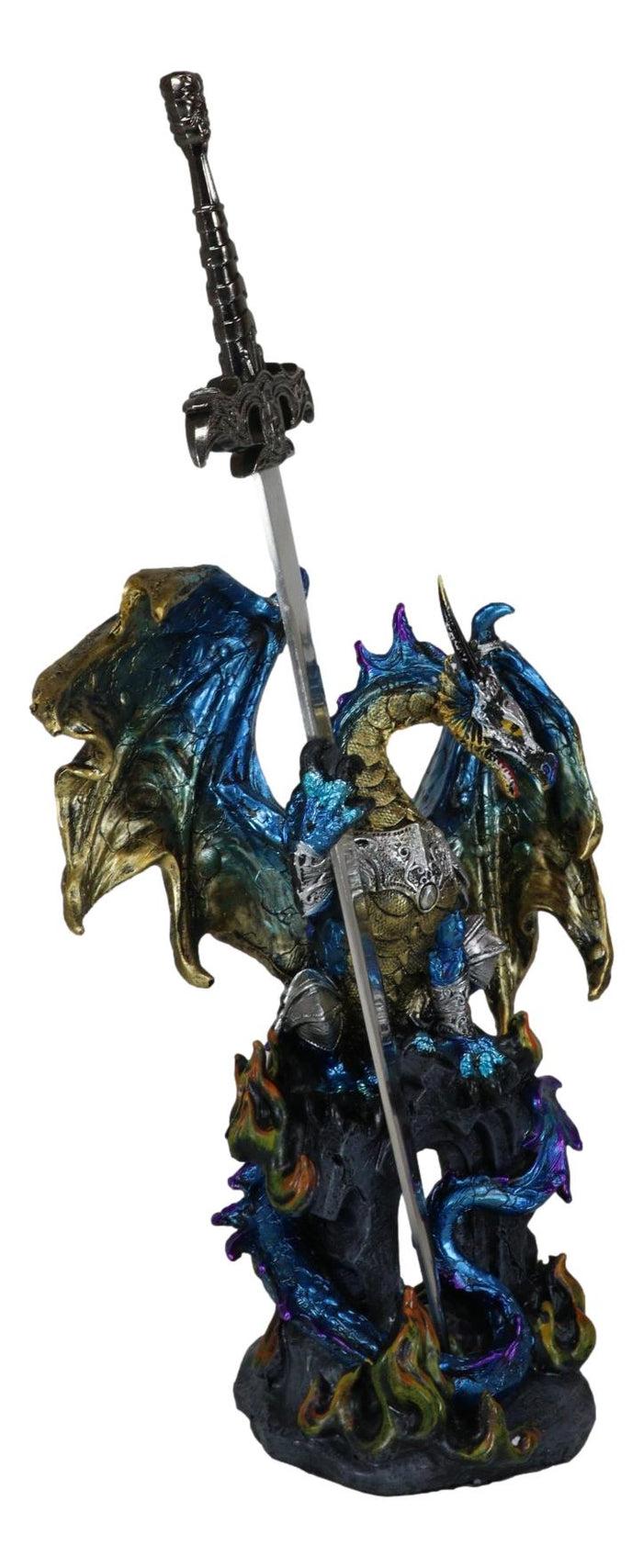 Ebros Gift Blue Gold Royal Knight Armored Dragon With Gothic Sword Letter Opener Figurine
