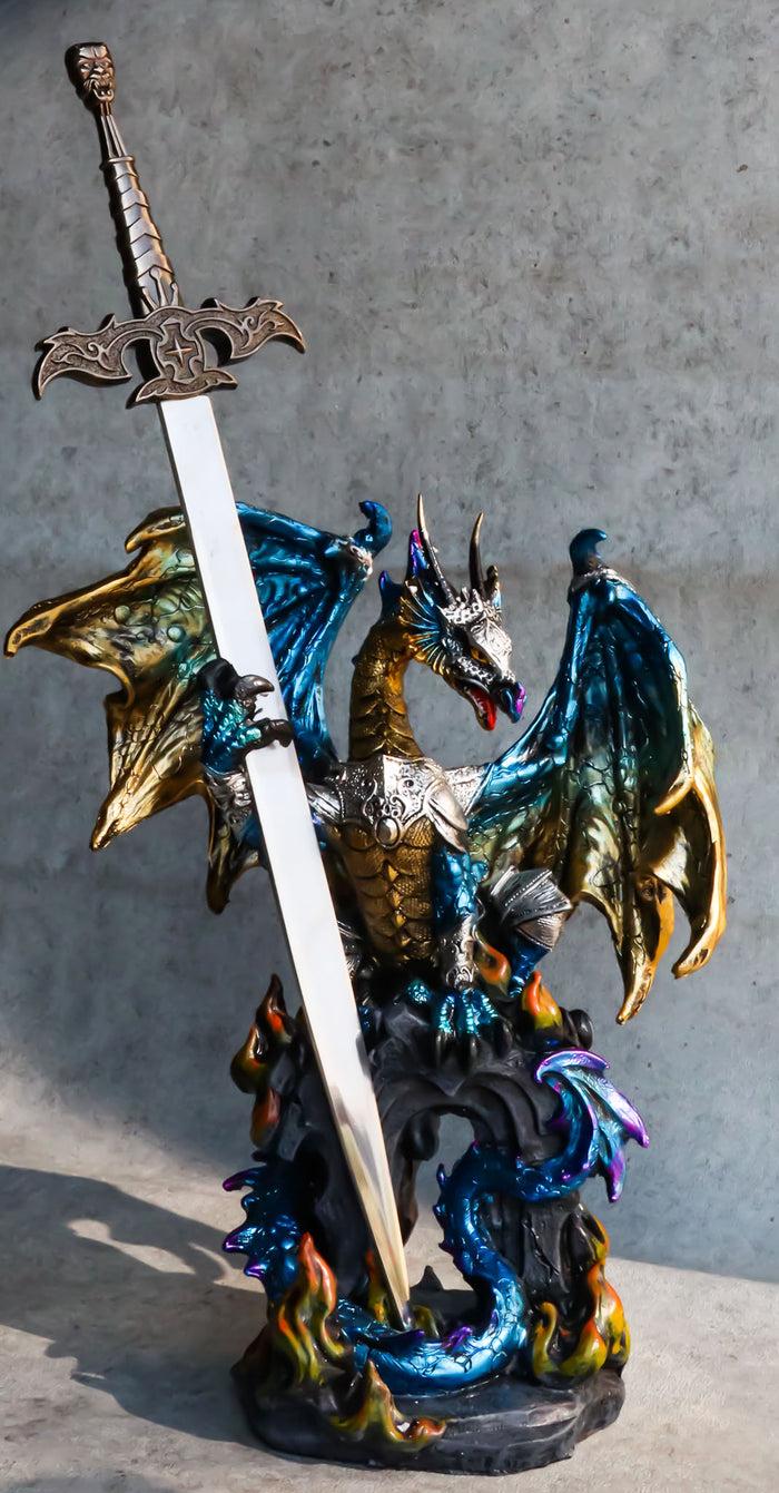 ebros gift Blue Gold Royal Knight Armored Dragon With Gothic Sword Letter Opener Figurine