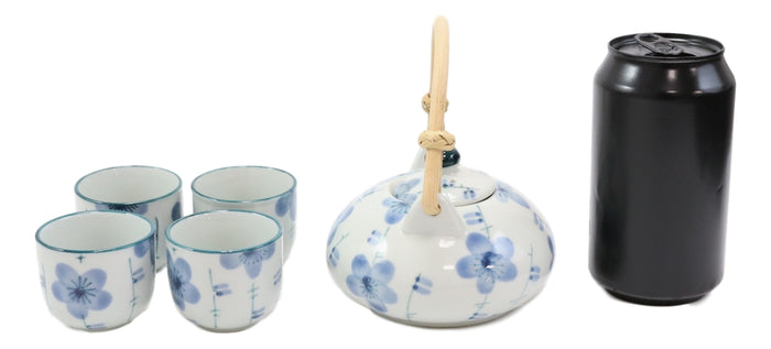 Ebros Gift Blue Japanese Cherry Blossom Flowers Design Porcelain Tea Pot And 4 Cups Set