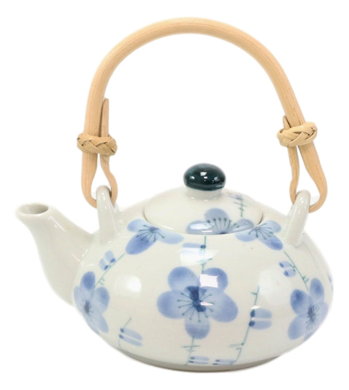 Ebros Gift Blue Japanese Cherry Blossom Flowers Design Porcelain Tea Pot And 4 Cups Set