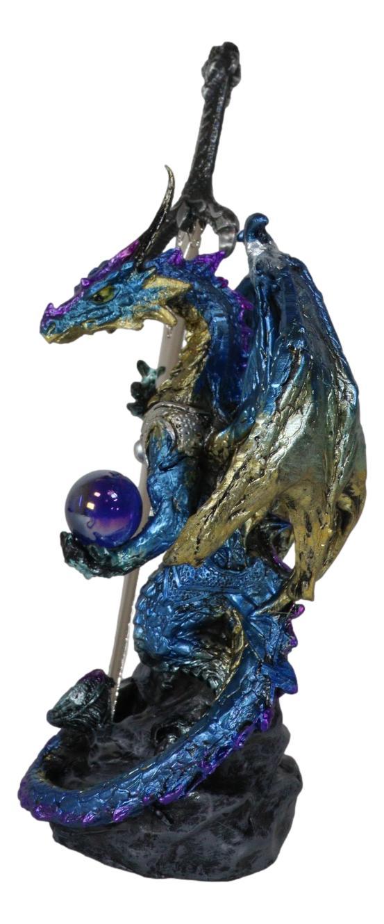 Ebros Gift Blue Metallic Ice Knight Dragon With Orb And Gothic Sword Letter Opener Figurine