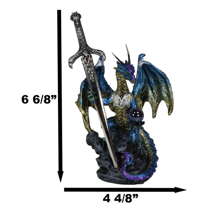 Ebros Gift Blue Metallic Ice Knight Dragon With Orb And Gothic Sword Letter Opener Figurine