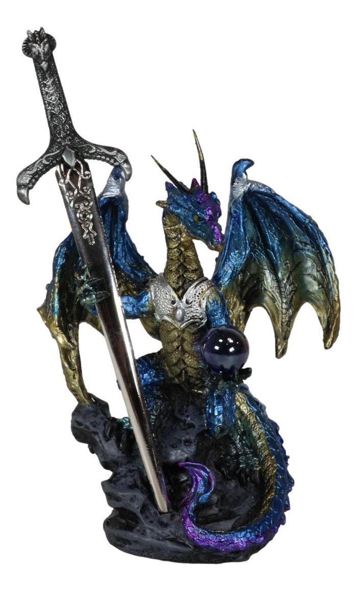 Ebros Gift Blue Metallic Ice Knight Dragon With Orb And Gothic Sword Letter Opener Figurine