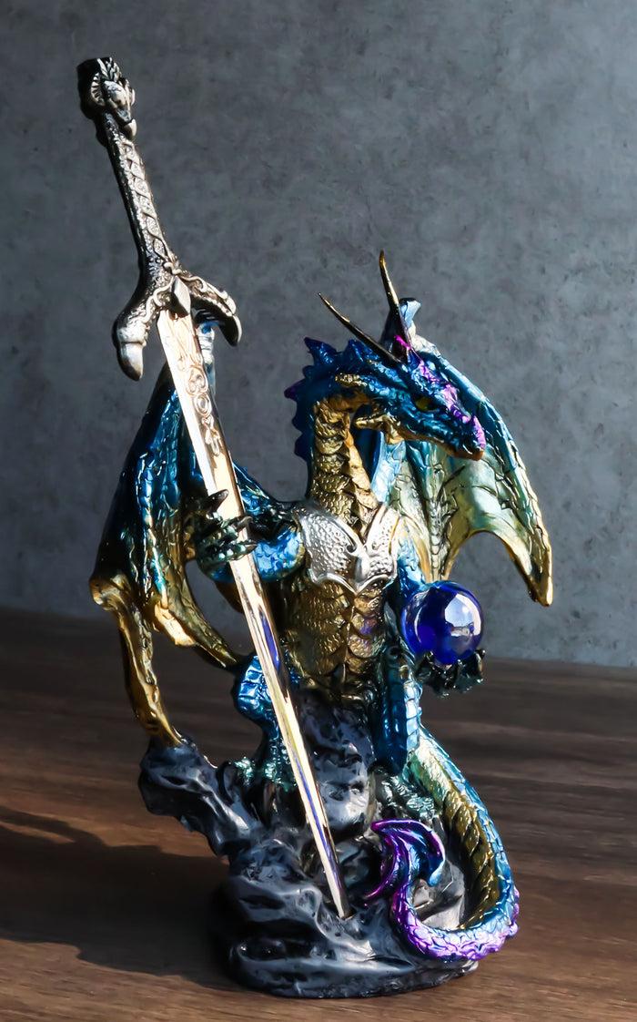 ebros gift Blue Metallic Ice Knight Dragon With Orb and Gothic Sword Letter Opener Figurine