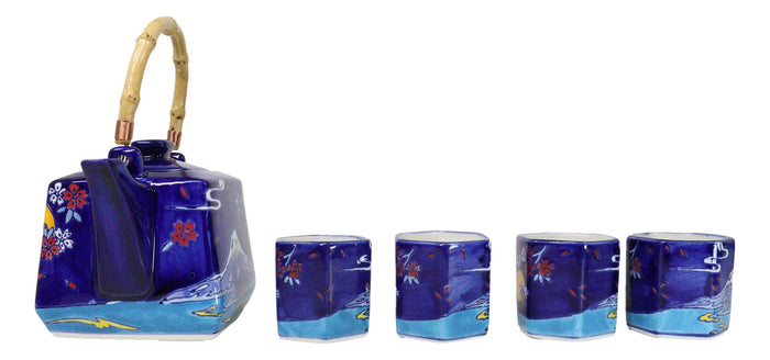 Ebros Gift Blue Mount Fuji With Full Moon Ceramic Hexagonal Teapot With 4 Tea Cups Set
