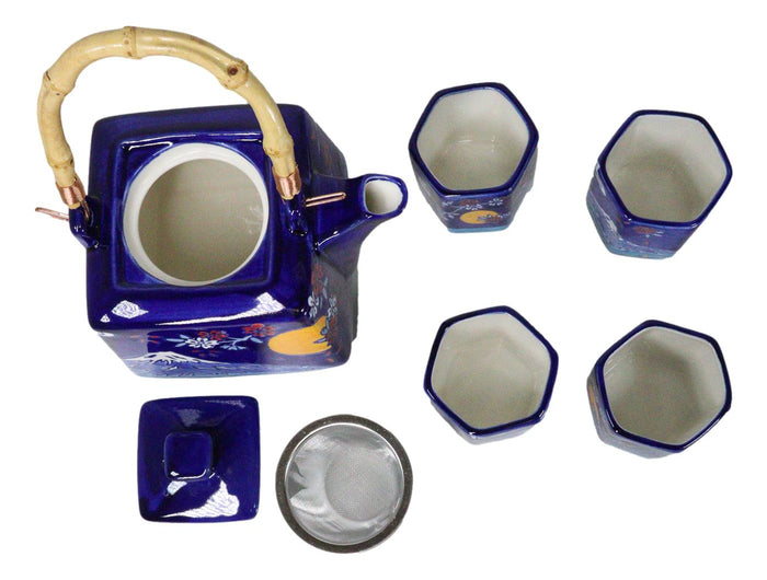 Ebros Gift Blue Mount Fuji With Full Moon Ceramic Hexagonal Teapot With 4 Tea Cups Set