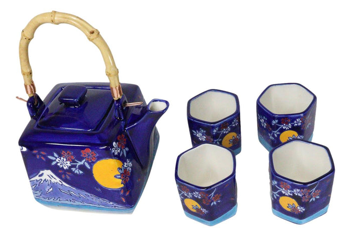 Ebros Gift Blue Mount Fuji With Full Moon Ceramic Hexagonal Teapot With 4 Tea Cups Set