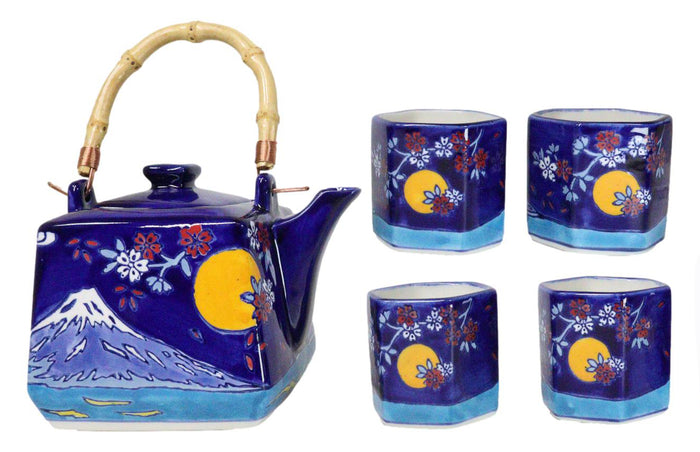ebros gift Blue Mount Fuji With Full Moon Ceramic Hexagonal Teapot With 4 Tea Cups Set