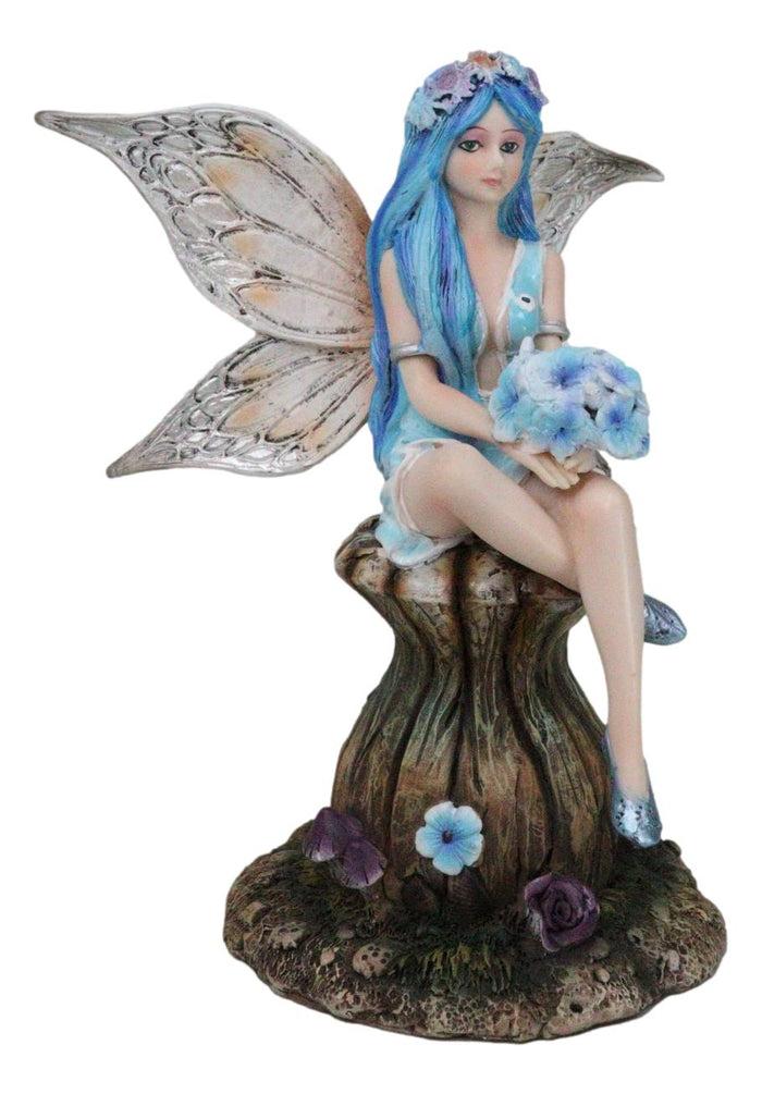Ebros Gift Blue Pansy Flower Fairy With Butterfly Wings Sitting On Mushroom Figurine 7"H