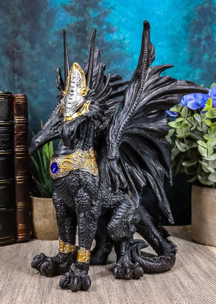 ebros gift Blue Sapphire Golden Armored Combat Dragon Standing Guard In Faux Stone Statue