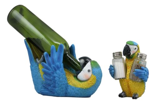 Ebros Gift Blue Scarlet Macaw Parrot Wine Bottle And Salt Pepper Shakers Holder Statue Set