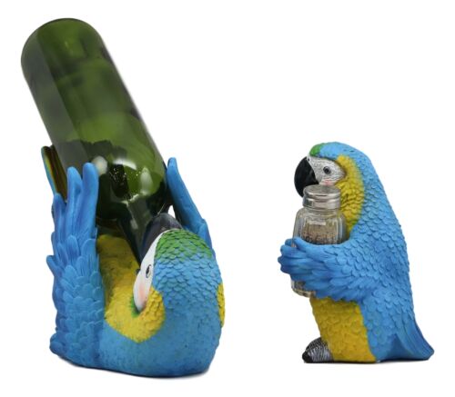 Ebros Gift Blue Scarlet Macaw Parrot Wine Bottle And Salt Pepper Shakers Holder Statue Set