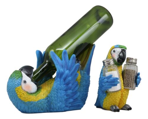 ebros gift Blue Scarlet Macaw Parrot Wine Bottle And Salt Pepper Shakers Holder Statue Set