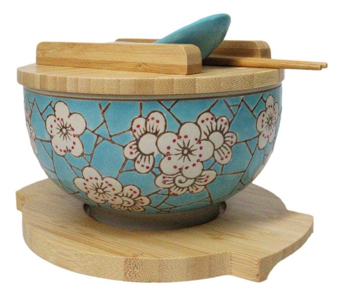 Ebros Gift Blue Spring Blossoms Donburi Ramen Bowl With Lid Trivet Spoon Chopsticks Set