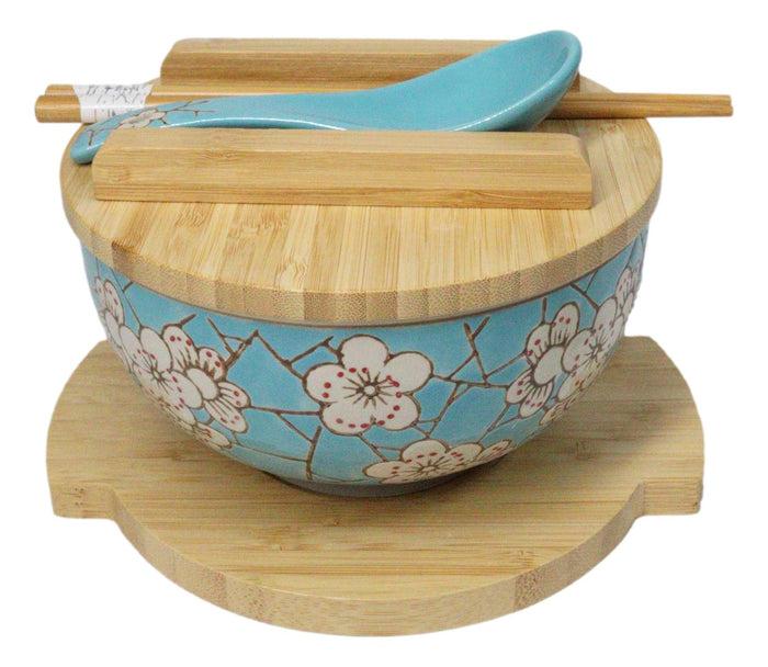 Ebros Gift Blue Spring Blossoms Donburi Ramen Bowl With Lid Trivet Spoon Chopsticks Set