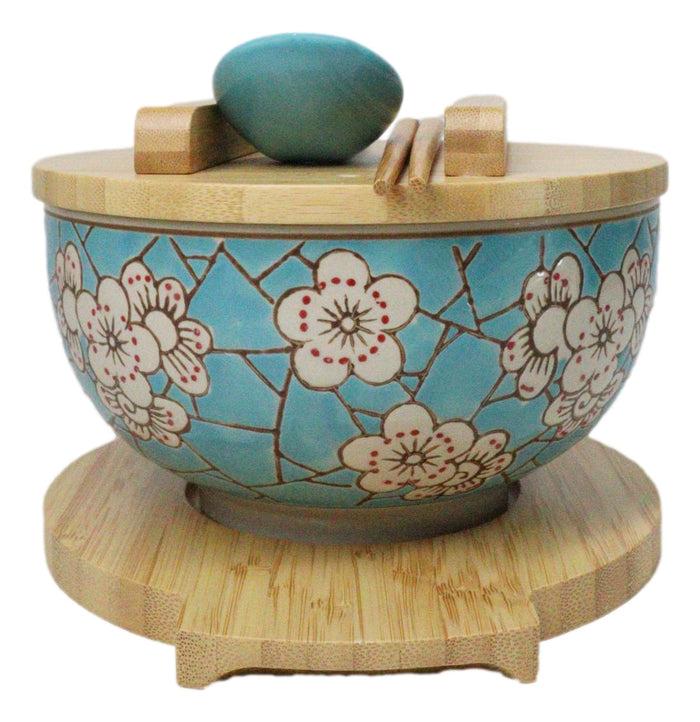 Ebros Gift Blue Spring Blossoms Donburi Ramen Bowl With Lid Trivet Spoon Chopsticks Set