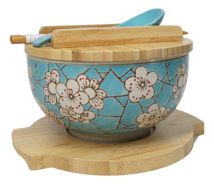 ebros gift Blue Spring Blossoms Donburi Ramen Bowl With Lid Trivet Spoon Chopsticks Set