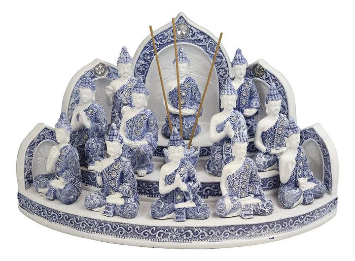 Ebros Gift Blue Tibetan Buddhism Altar Incense Holder Display With 12 Mini Buddhas Set