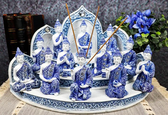 ebros gift Blue Tibetan Buddhism Altar Incense Holder Display With 12 Mini Buddhas Set