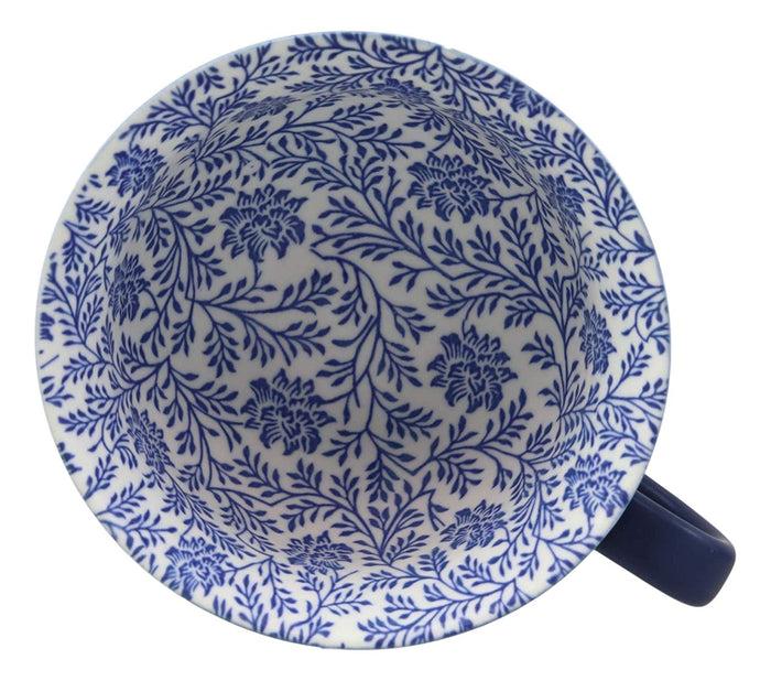 Ebros Gift Blue Vintage Victorian Dahlia Vines Design Large Porcelain Mug 19oz 5.25"D