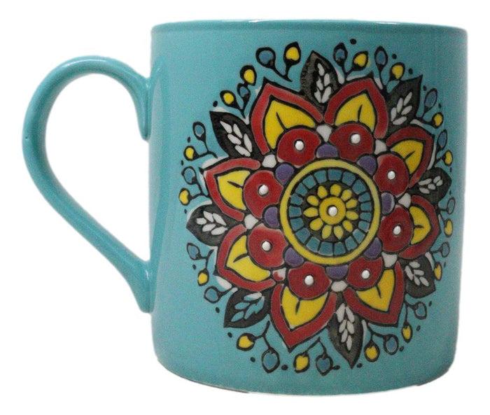 ebros gift Blue Vishuddha Throat Chakra Zen Flower Of Life Mandala Circle Ceramic Mug Cup