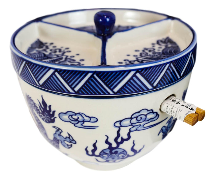 Ebros Gift Blue White Dragon Ramen Bowl With Tempura Divider Condiment Lid Chopsticks Set
