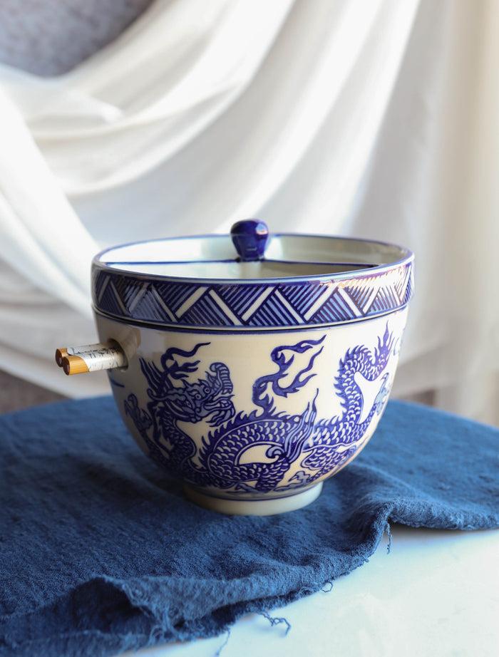 Ebros Gift Blue White Dragon Ramen Bowl With Tempura Divider Condiment Lid Chopsticks Set