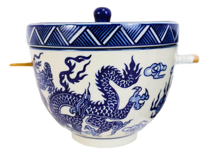 Ebros Gift Blue White Dragon Ramen Bowl With Tempura Divider Condiment Lid Chopsticks Set
