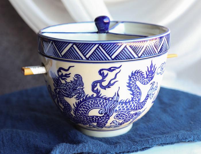 ebros gift Blue White Dragon Ramen Bowl With Tempura Divider Condiment Lid Chopsticks Set
