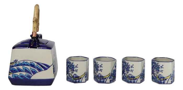 Ebros Gift Blue White Great Wave Of Kanagawa Hokusai Hexagonal Teapot With 4 Tea Cups Set