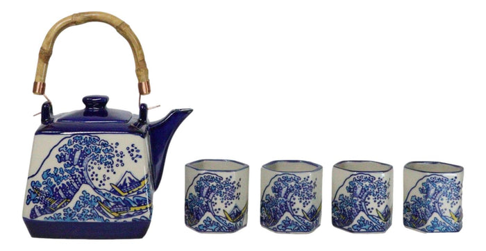 Ebros Gift Blue White Great Wave Of Kanagawa Hokusai Hexagonal Teapot With 4 Tea Cups Set