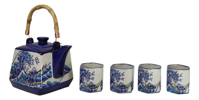 Ebros Gift Blue White Great Wave Of Kanagawa Hokusai Hexagonal Teapot With 4 Tea Cups Set